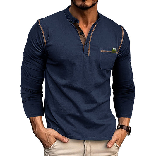 Men's long-sleeved t-shirts, men's henley shirts, Amazon color-blocked t-shirt tops