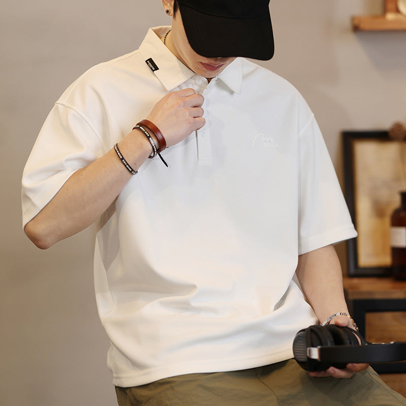 Short-sleeved polo shirt for men in summer, loose lapel half-sleeved t-shirt, American trendy brand embroidered polo shirt T