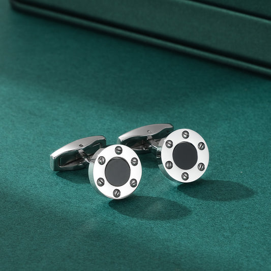 Retro screw cufflinks creative round agate inlaid titanium steel shirt cufflinks