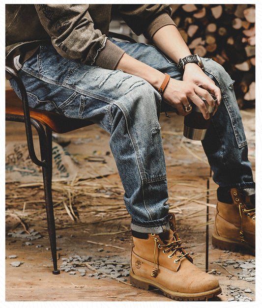 American heavyweight retro work pants men's loose straight men's jeans trendy brand ripped men's casual men's pants