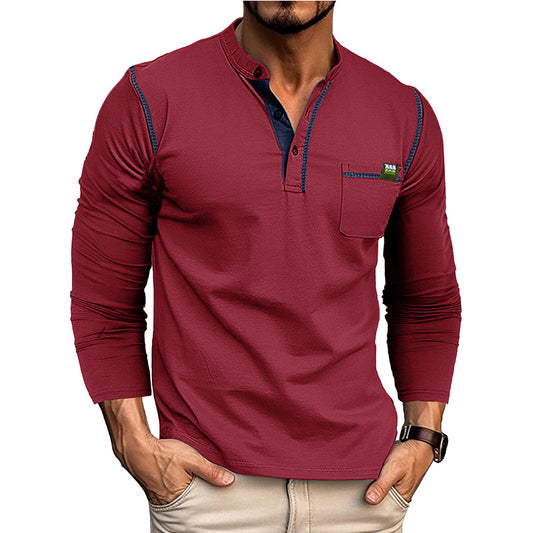 Men's long-sleeved t-shirts, men's henley shirts, Amazon color-blocked t-shirt tops