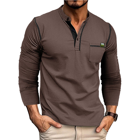 Men's long-sleeved t-shirts, men's henley shirts, Amazon color-blocked t-shirt tops
