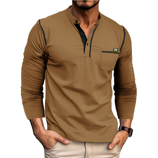 Men's long-sleeved t-shirts, men's henley shirts, Amazon color-blocked t-shirt tops