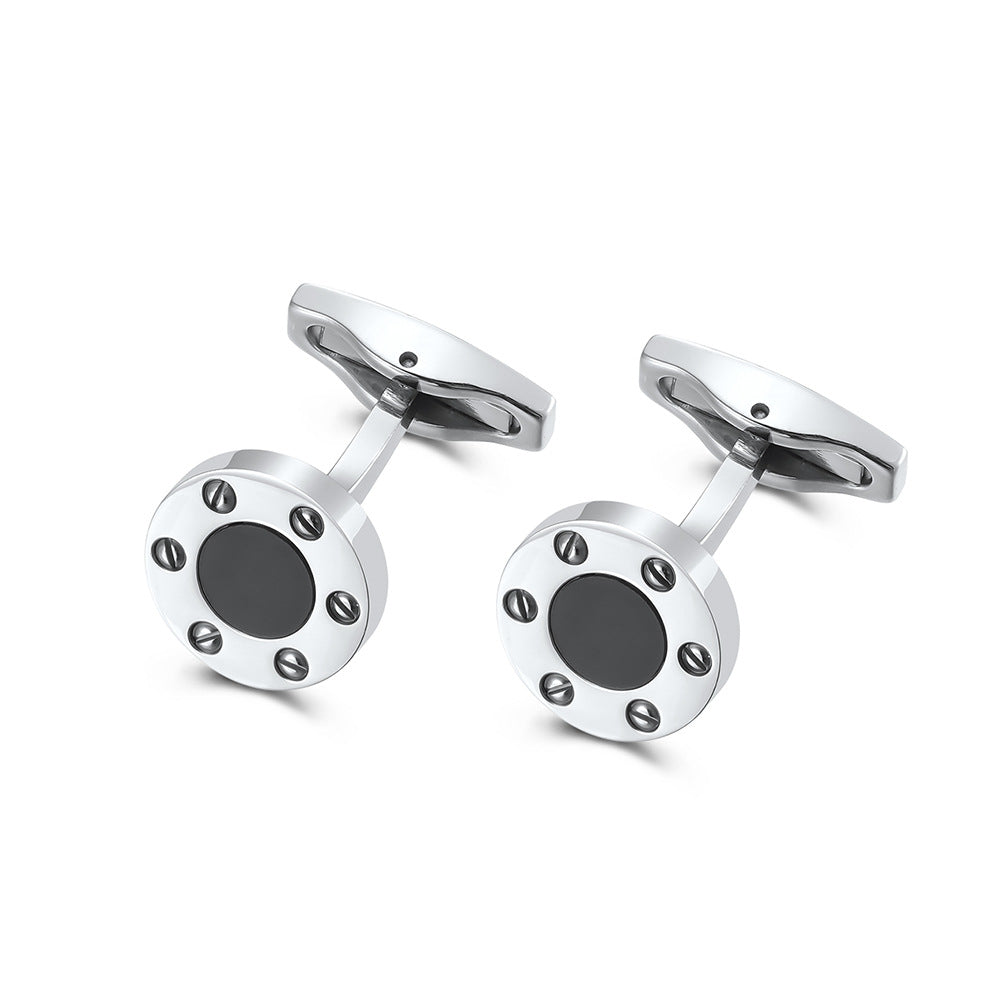 Retro screw cufflinks creative round agate inlaid titanium steel shirt cufflinks